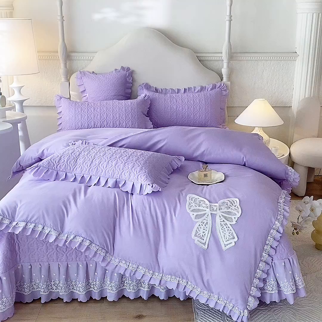 91家纺网 家纺一手货源 找家纺 后庭寝室 2025新款法式公主风亲肤床盖四件套-蝶恋系列 蝶恋-浅紫