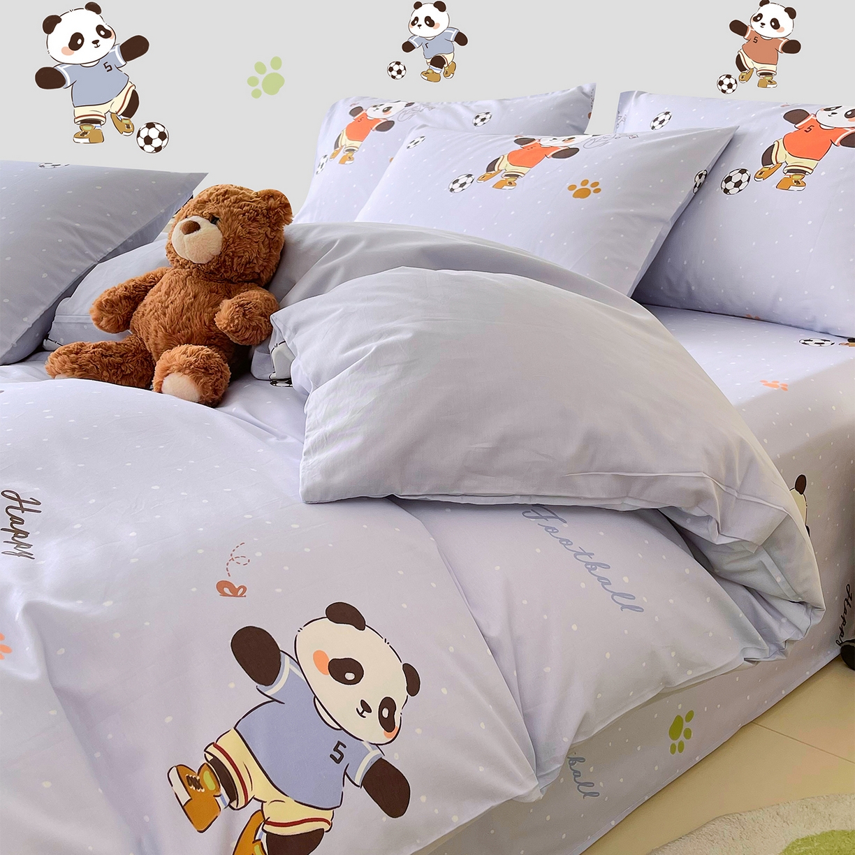 91家纺网 家纺一手货源 找家纺 金鑫汇家纺 2025新款A类全棉纯棉印花大床图四件套 足球争霸赛-灰