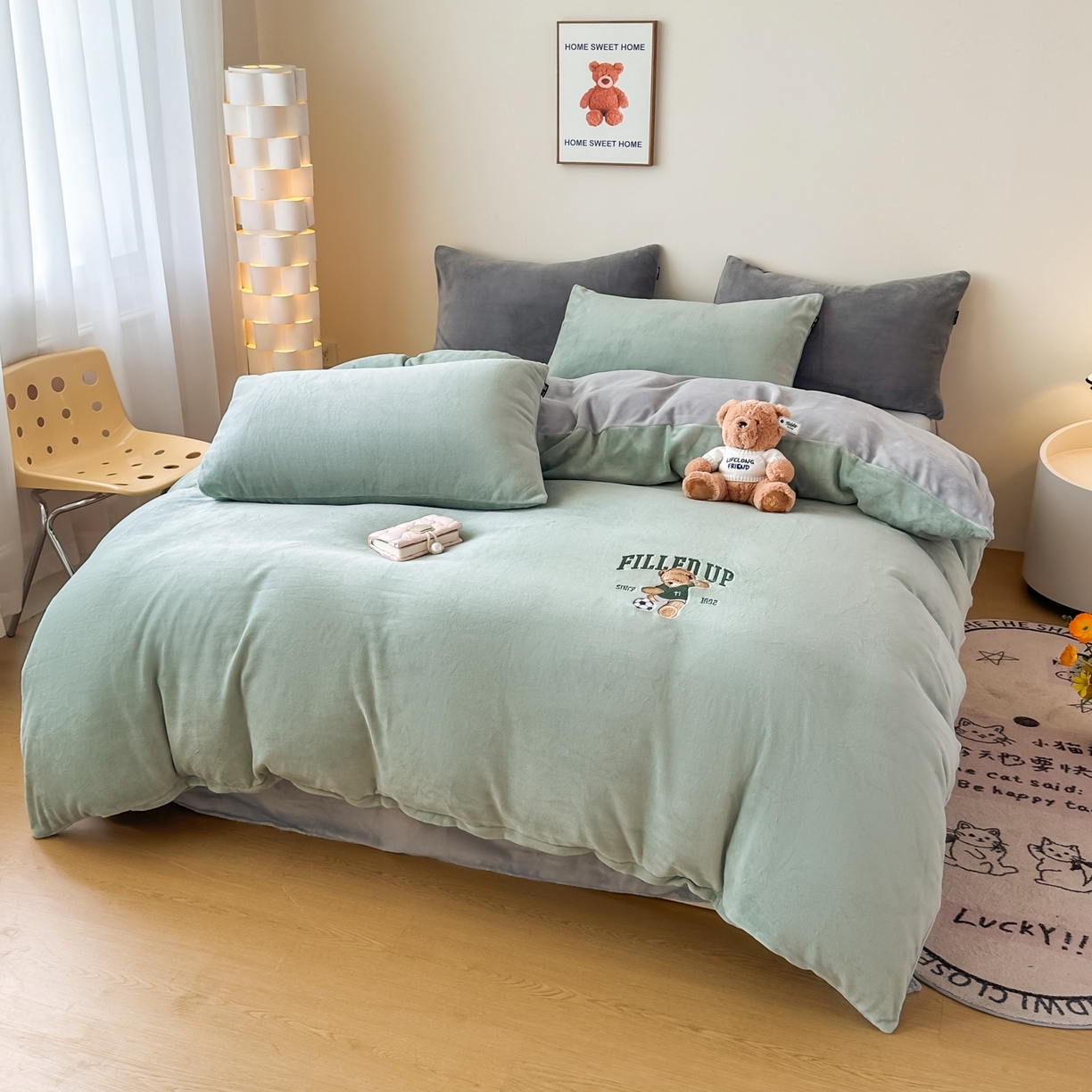 91家纺网 家纺一手货源 找家纺 泰迪爱兰Teddy ISLAND 2025新款IP绣花牛奶绒刺绣套件 清绿+银灰