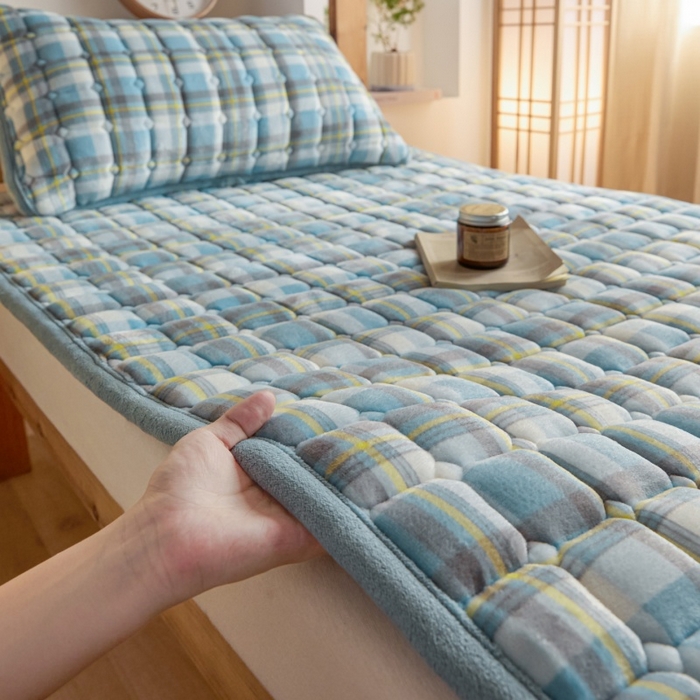 91家纺网 家纺一手货源 找家纺 爱屋及屋 2025新款无印风牛奶绒床护垫-学生床 牛奶绒-简析蓝