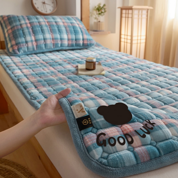 91家纺网 家纺一手货源 找家纺 爱屋及屋 2025新款无印风牛奶绒床护垫-学生床 牛奶绒-格韵蓝