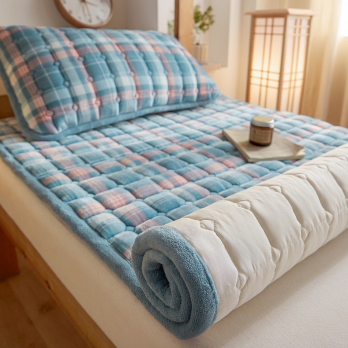 91家纺网 家纺一手货源 找家纺 爱屋及屋 2025新款无印风牛奶绒床护垫-学生床 牛奶绒-格韵蓝