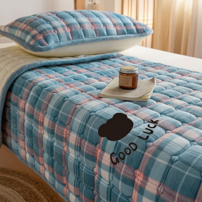 91家纺网 家纺一手货源 找家纺 爱屋及屋 2025新款无印风牛奶绒床护垫-学生床 牛奶绒-格韵蓝