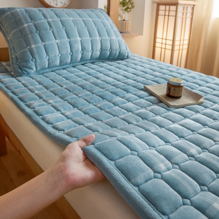 91家纺网 家纺一手货源 找家纺 爱屋及屋 2025新款无印风牛奶绒床护垫-学生床 牛奶绒-海蓝大格