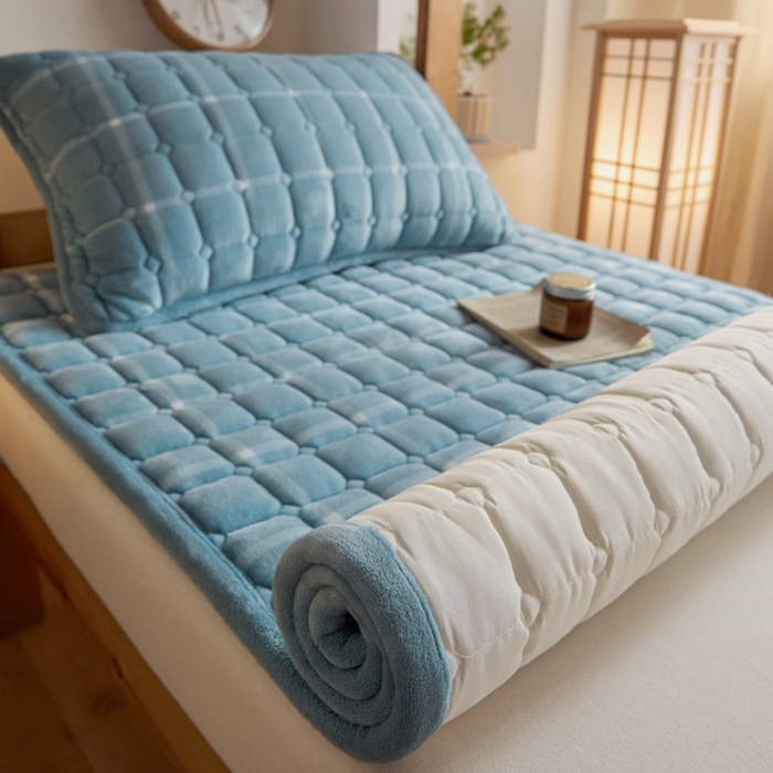 91家纺网 家纺一手货源 找家纺 爱屋及屋 2025新款无印风牛奶绒床护垫-学生床 牛奶绒-海蓝大格