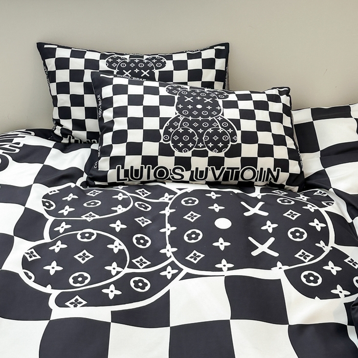 91家纺网 家纺一手货源 找家纺 摩卡（乐趣） 2025新款现代简约网红款四季棉四件套 棋盘格公仔