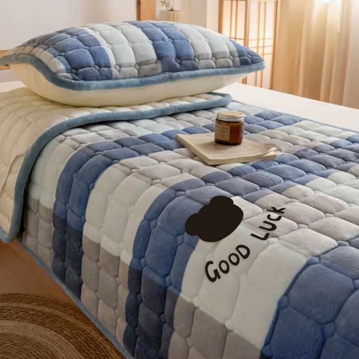 91家纺网 家纺一手货源 找家纺 爱屋及屋 2025新款无印风牛奶绒床护垫-学生床 牛奶绒-蓝咖大格