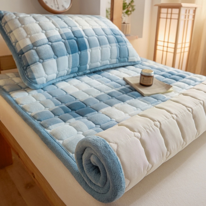 91家纺网 家纺一手货源 找家纺 爱屋及屋 2025新款无印风牛奶绒床护垫-学生床 牛奶绒-蓝中格