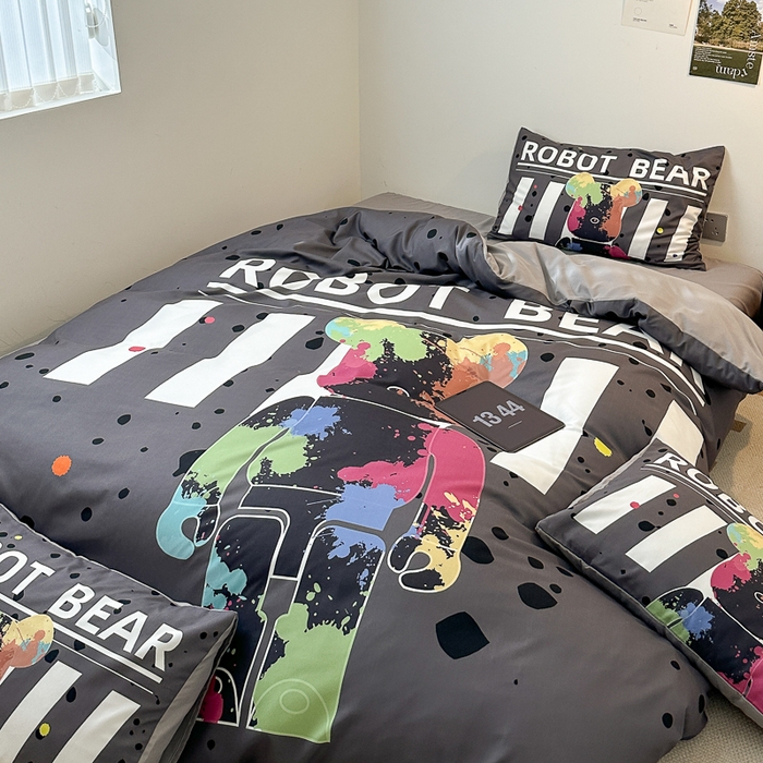 91家纺网 家纺一手货源 找家纺 摩卡（乐趣） 2025新款现代简约网红款四季棉四件套 涂鸦熊