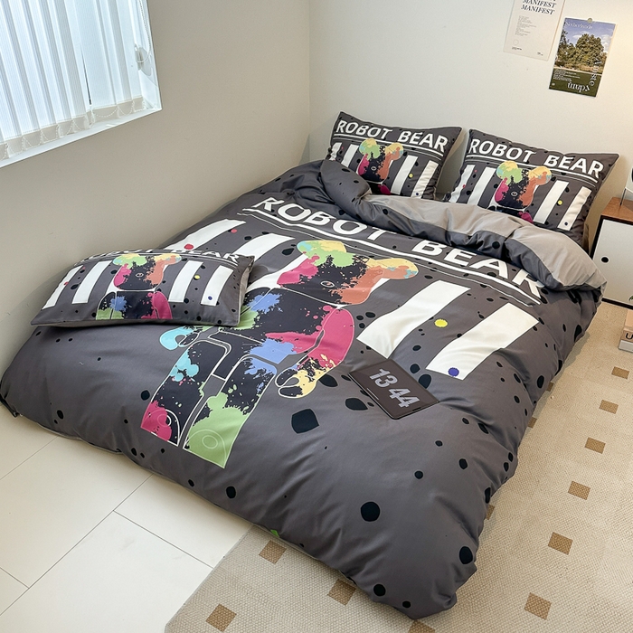 91家纺网 家纺一手货源 找家纺 摩卡（乐趣） 2025新款现代简约网红款四季棉四件套 涂鸦熊