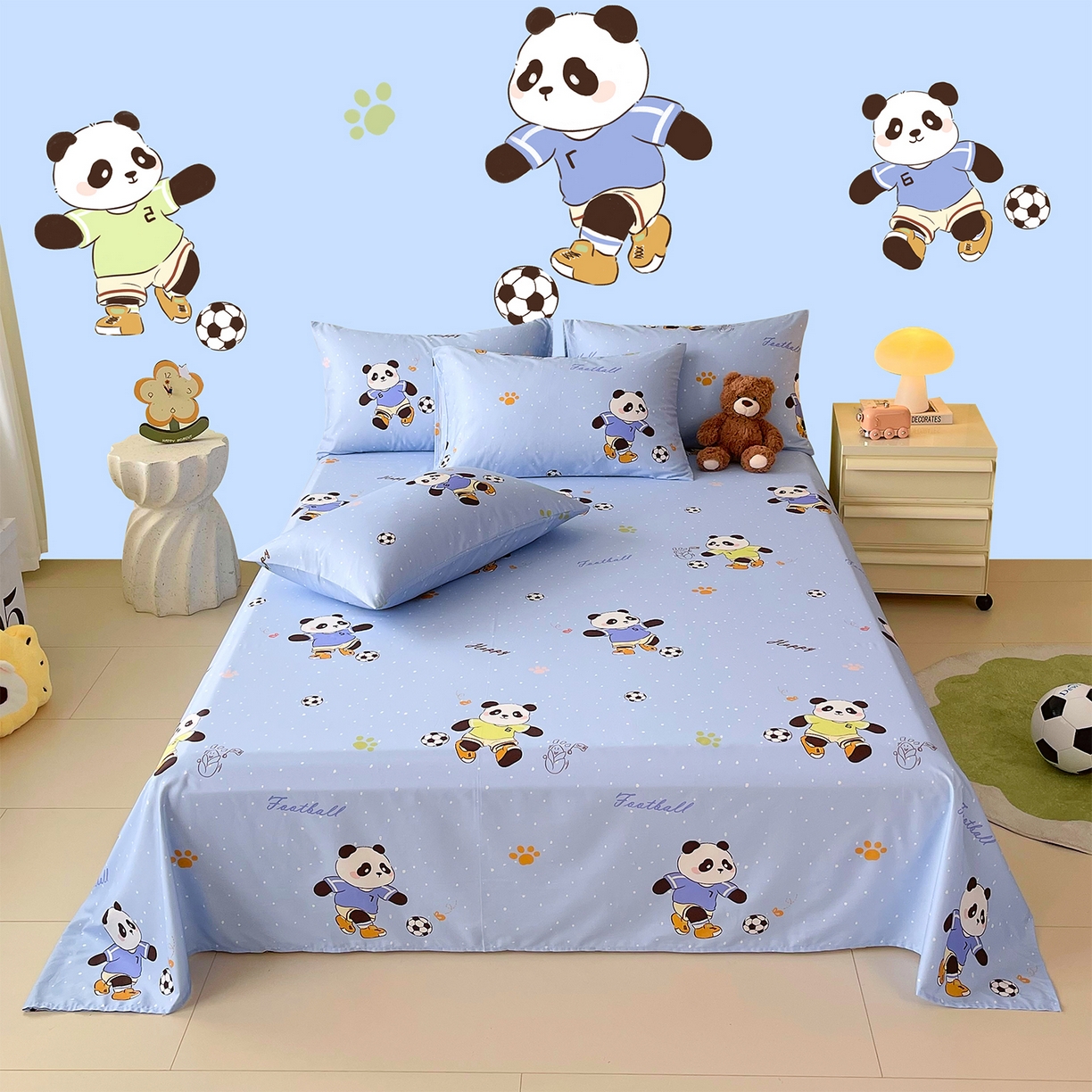 91家纺网 家纺一手货源 找家纺 金鑫汇家纺 2025新款A类全棉纯棉印花大床图单床单 床单单件 足球争霸赛-蓝