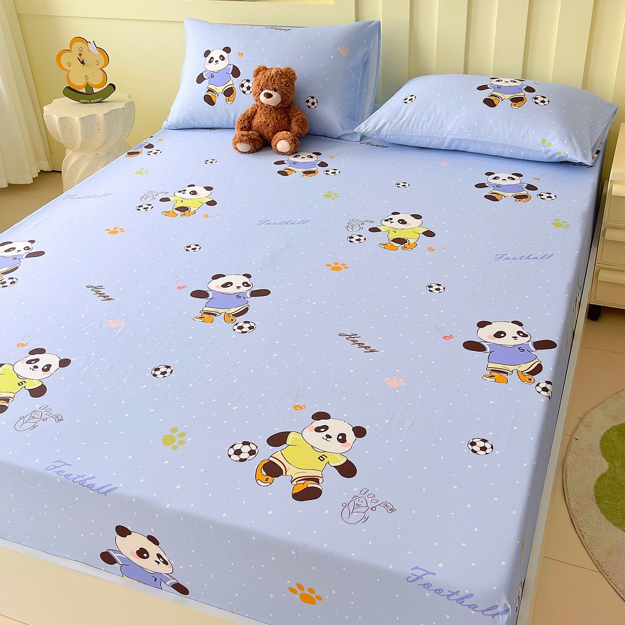 91家纺网 家纺一手货源 找家纺 金鑫汇家纺 2025新款A类全棉纯棉印花大床图单床笠 床笠单件 足球争霸赛-蓝