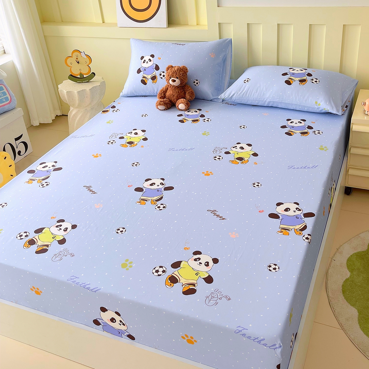 91家纺网 家纺一手货源 找家纺 金鑫汇家纺 2025新款A类全棉纯棉印花大床图单床笠 床笠单件 足球争霸赛-蓝