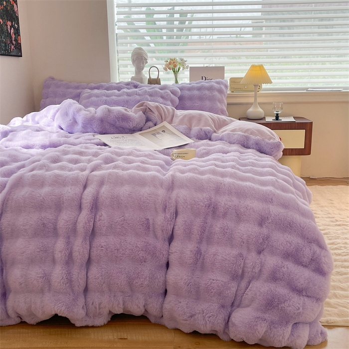 91家纺网 家纺一手货源 找家纺 悦织湾家纺 2025新款A类12斤獭兔毛580克托斯卡纳大泡泡双面兔毛绒四件套 兔兔绒-紫色