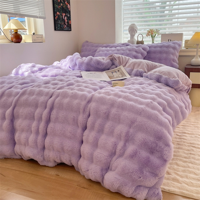 91家纺网 家纺一手货源 找家纺 悦织湾家纺 2025新款A类12斤獭兔毛580克托斯卡纳大泡泡双面兔毛绒四件套 兔兔绒-紫色