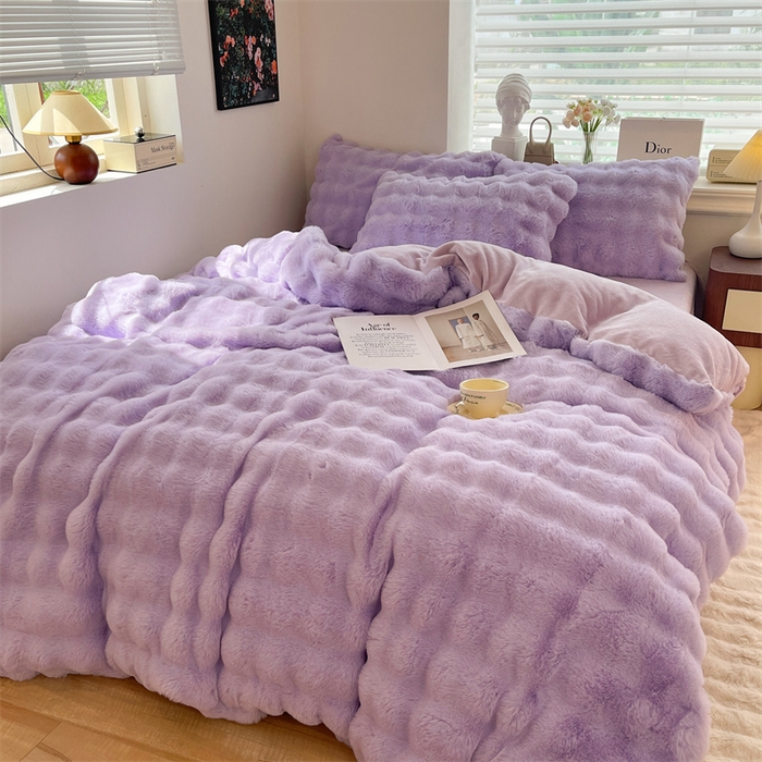 91家纺网 家纺一手货源 找家纺 悦织湾家纺 2025新款A类12斤獭兔毛580克托斯卡纳大泡泡双面兔毛绒四件套 兔兔绒-紫色