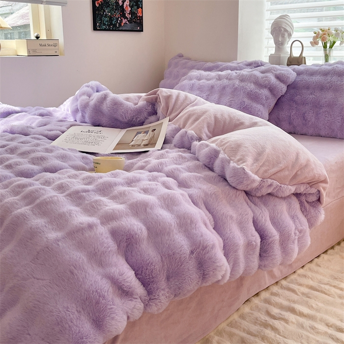 91家纺网 家纺一手货源 找家纺 悦织湾家纺 2025新款A类12斤獭兔毛580克托斯卡纳大泡泡双面兔毛绒四件套 兔兔绒-紫色