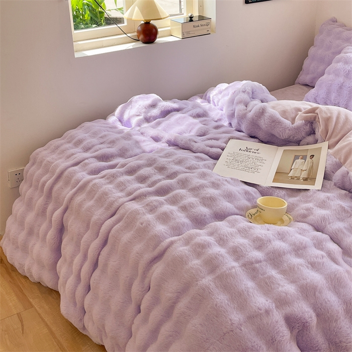 91家纺网 家纺一手货源 找家纺 悦织湾家纺 2025新款A类12斤獭兔毛580克托斯卡纳大泡泡双面兔毛绒四件套 兔兔绒-紫色