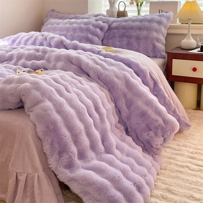 91家纺网 家纺一手货源 找家纺 悦织湾家纺 2025新款A类12斤獭兔毛580克托斯卡纳大泡泡双面兔毛绒四件套 兔兔绒-紫色