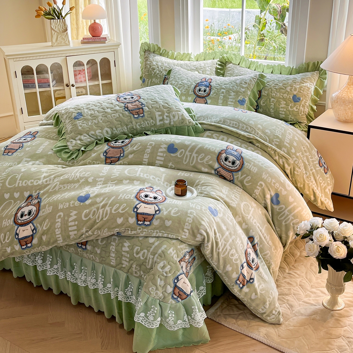 91家纺网 家纺一手货源 找家纺 （总）提花大世界 2025新款爆款高克重牛奶绒印花夹棉蕾丝花边床盖床裙单件三件四件套