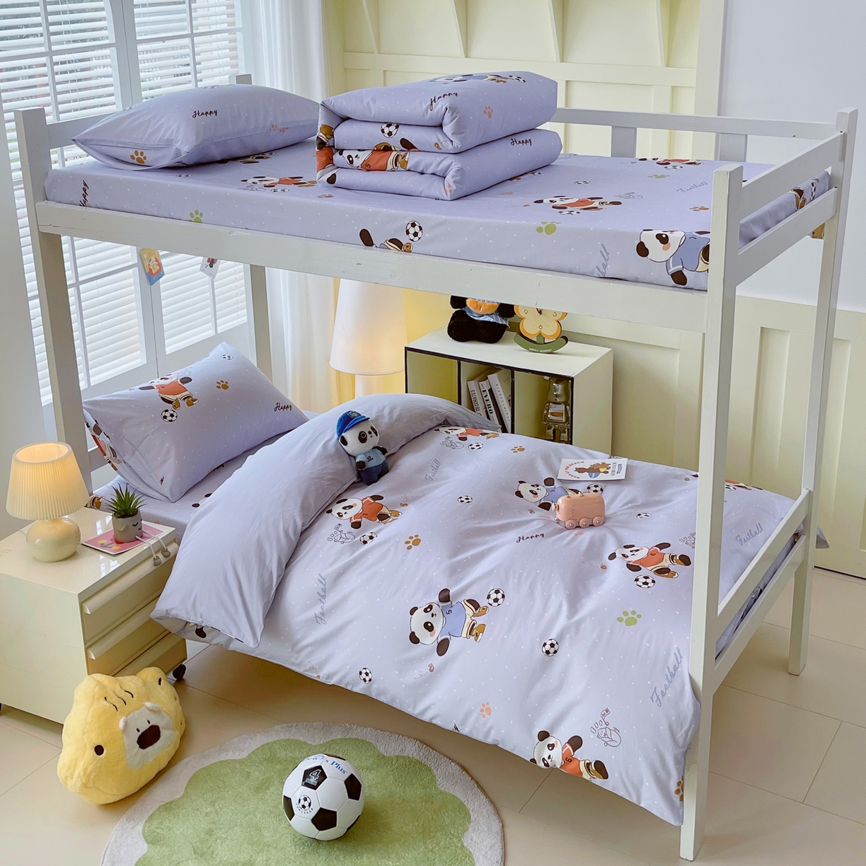 91家纺网 家纺一手货源 找家纺 金鑫汇家纺 2025新款A类全棉纯棉印花学生床宿舍上下铺三件套 足球争霸赛-灰