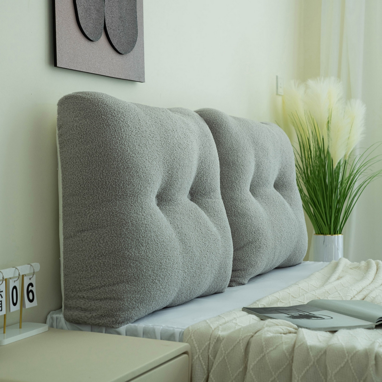 91家纺网 家纺一手货源 找家纺 美达人 2025新款泰迪毛面包组合款靠垫靠背 泰迪绒【无床头魔术贴】灰