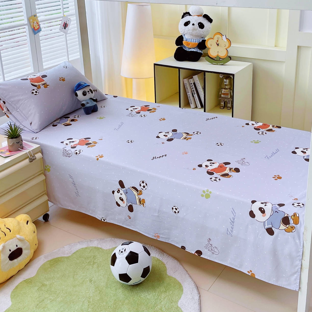 91家纺网 家纺一手货源 找家纺 金鑫汇家纺 2025新款A类全棉纯棉印花学生床单品床单 床单单件 足球争霸赛-灰