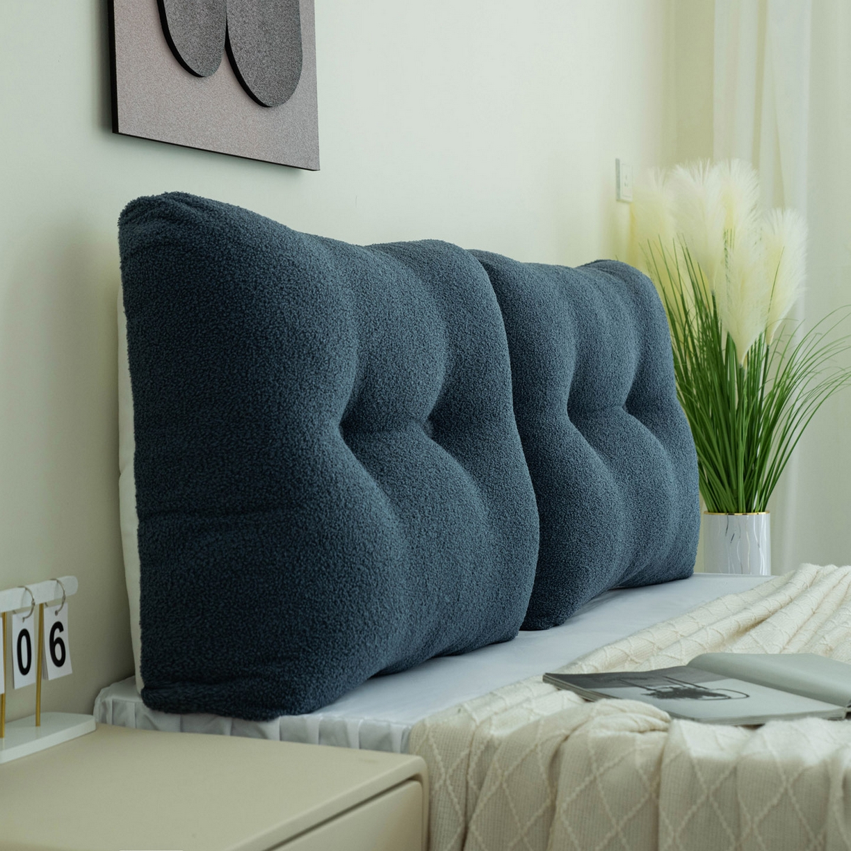 91家纺网 家纺一手货源 找家纺 美达人 2025新款泰迪毛面包组合款靠垫靠背 泰迪绒【无床头魔术贴】蓝