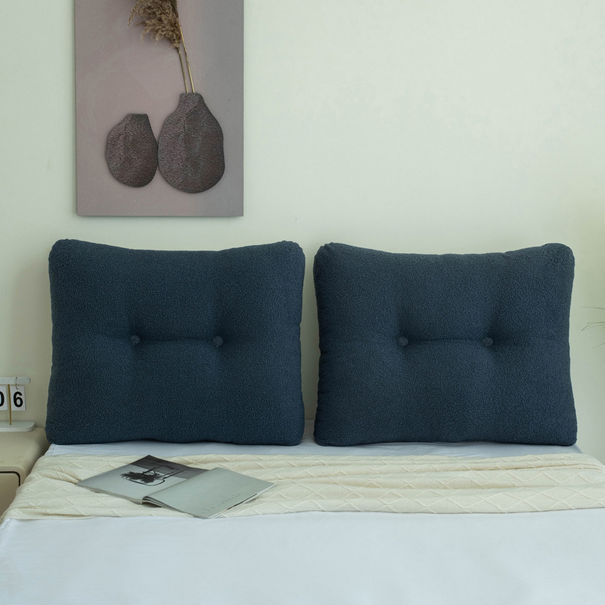 91家纺网 家纺一手货源 找家纺 美达人 2025新款泰迪毛面包组合款靠垫靠背 泰迪绒【无床头魔术贴】蓝