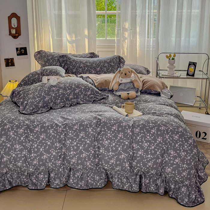 91家纺网 家纺一手货源 找家纺 斯卡诺家纺 2025秋冬法式花边古法水洗棉云感棉床盖四件套花边被套床单款 满天星-花边款