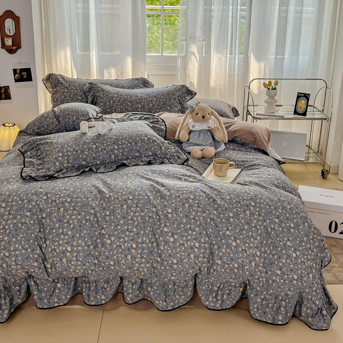 91家纺网 家纺一手货源 找家纺 斯卡诺家纺 2025秋冬法式花边古法水洗棉云感棉床盖四件套花边被套床单款 晚风-花边款