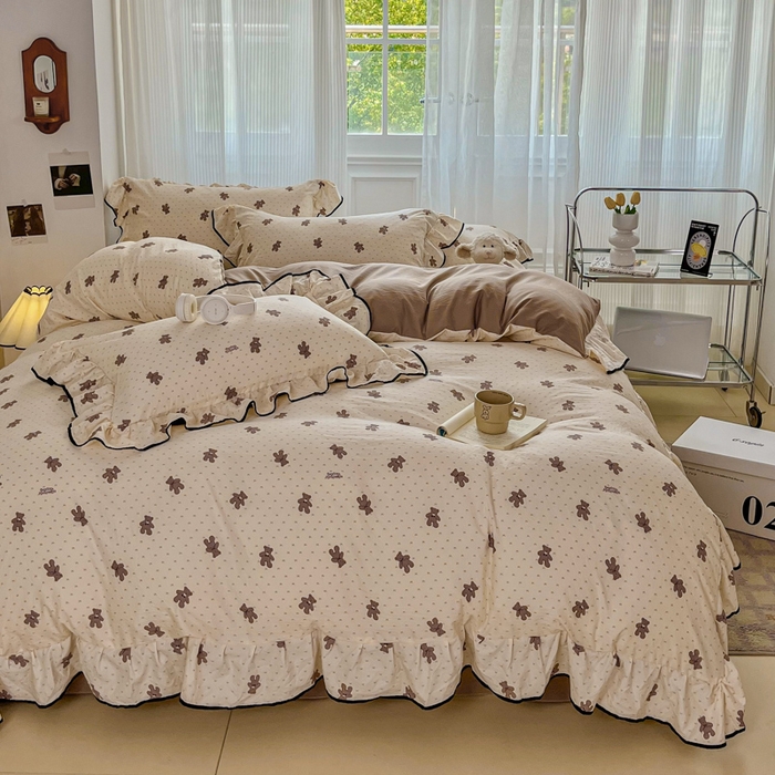 斯卡诺家纺 2025秋冬法式花边古法水洗棉云感棉床盖四件套花边被套床单款 熊熊乐园-花边款