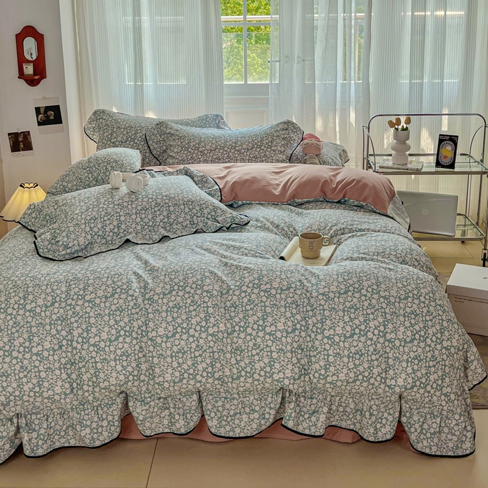 斯卡诺家纺 2025秋冬法式花边古法水洗棉云感棉床盖四件套花边被套床单款 雨沫-花边款