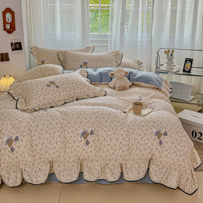 斯卡诺家纺 2025秋冬法式花边古法水洗棉云感棉床盖四件套花边被套床单款 花丛小熊-花边款