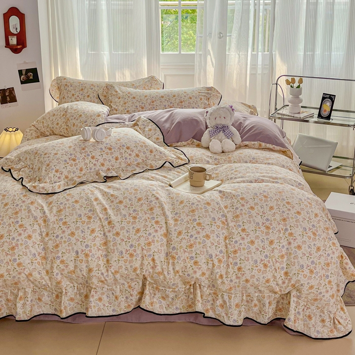 斯卡诺家纺 2025秋冬法式花边古法水洗棉云感棉床盖四件套花边被套床单款 花漾-花边款