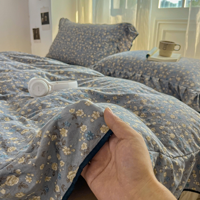 91家纺网 家纺一手货源 找家纺 斯卡诺家纺 2025秋冬法式花边古法水洗棉云感棉床盖四件套花边被套床单款 晚风-花边款