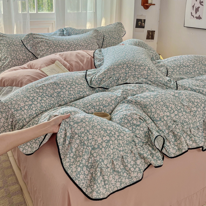 91家纺网 家纺一手货源 找家纺 斯卡诺家纺 2025秋冬法式花边古法水洗棉云感棉床盖四件套花边被套床单款 雨沫-花边款