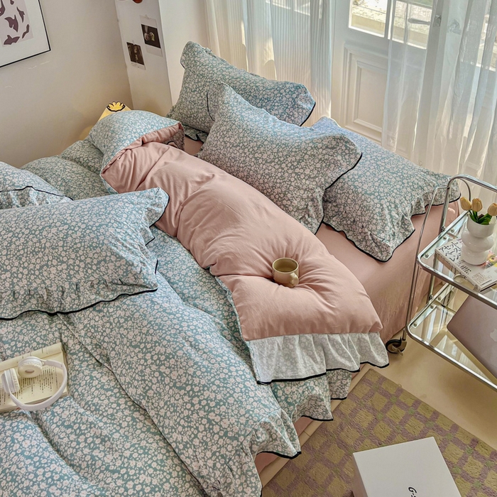 91家纺网 家纺一手货源 找家纺 斯卡诺家纺 2025秋冬法式花边古法水洗棉云感棉床盖四件套花边被套床单款 雨沫-花边款