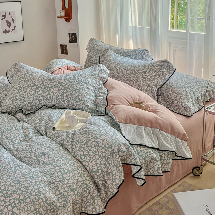 91家纺网 家纺一手货源 找家纺 斯卡诺家纺 2025秋冬法式花边古法水洗棉云感棉床盖四件套花边被套床单款 雨沫-花边款