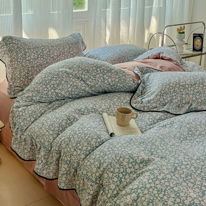 91家纺网 家纺一手货源 找家纺 斯卡诺家纺 2025秋冬法式花边古法水洗棉云感棉床盖四件套花边被套床单款 雨沫-花边款