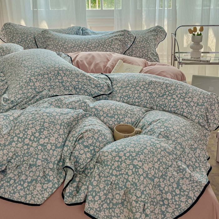 91家纺网 家纺一手货源 找家纺 斯卡诺家纺 2025秋冬法式花边古法水洗棉云感棉床盖四件套花边被套床单款 雨沫-花边款