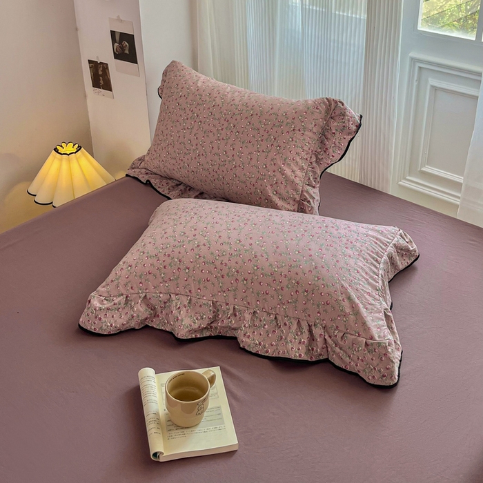 91家纺网 家纺一手货源 找家纺 斯卡诺家纺 2025秋冬法式花边古法水洗棉云感棉床盖四件套花边被套床单款 樱桃季-花边款