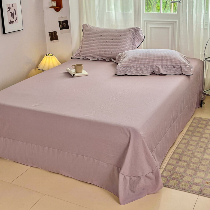 91家纺网 家纺一手货源 找家纺 斯卡诺家纺 2025秋冬法式花边古法水洗棉云感棉床盖四件套花边被套床单款 樱桃小格-花边款