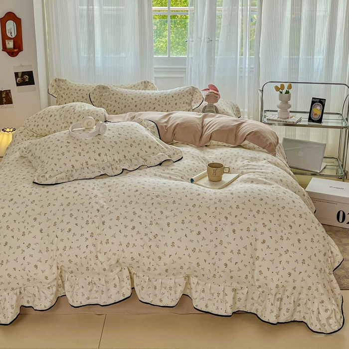 斯卡诺家纺 2025秋冬法式花边古法水洗棉云感棉床盖四件套花边被套床单款 小情调-花边款