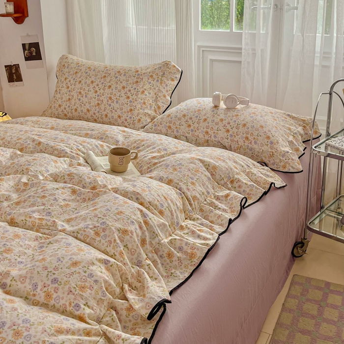 91家纺网 家纺一手货源 找家纺 斯卡诺家纺 2025秋冬法式花边古法水洗棉云感棉床盖四件套花边被套床单款 花漾-花边款