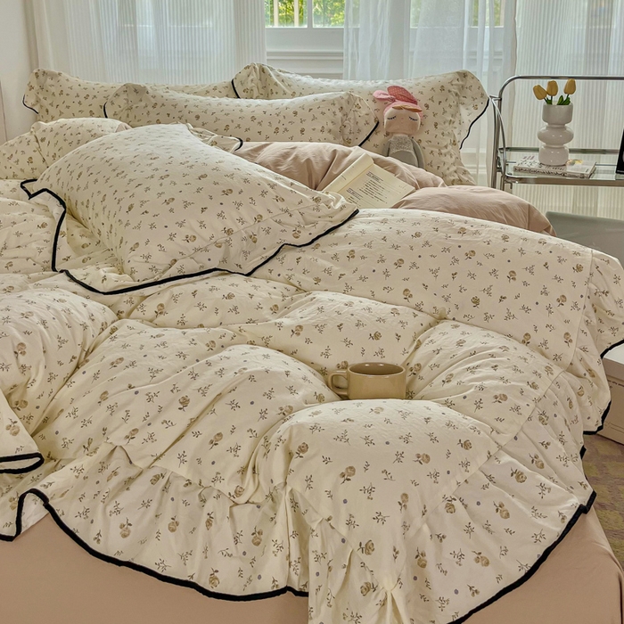 91家纺网 家纺一手货源 找家纺 斯卡诺家纺 2025秋冬法式花边古法水洗棉云感棉床盖四件套花边被套床单款 小情调-花边款