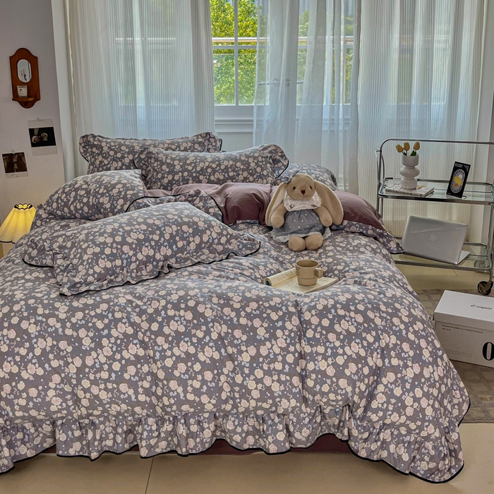 斯卡诺家纺 2025秋冬法式花边古法水洗棉云感棉床盖四件套花边被套床单款 一见倾心-花边款