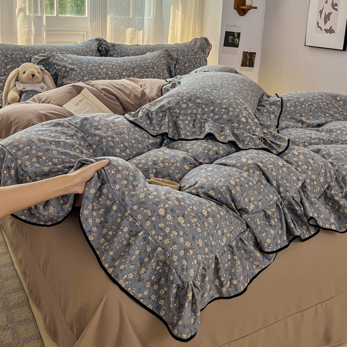 91家纺网 家纺一手货源 找家纺 斯卡诺家纺 2025秋冬法式花边古法水洗棉云感棉床盖四件套花边被套床单款 晚风-花边款