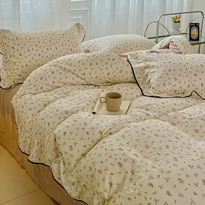 91家纺网 家纺一手货源 找家纺 斯卡诺家纺 2025秋冬法式花边古法水洗棉云感棉床盖四件套花边被套床单款 小情调-花边款