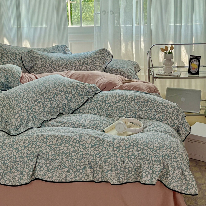 91家纺网 家纺一手货源 找家纺 斯卡诺家纺 2025秋冬法式花边古法水洗棉云感棉床盖四件套花边被套床单款 雨沫-花边款